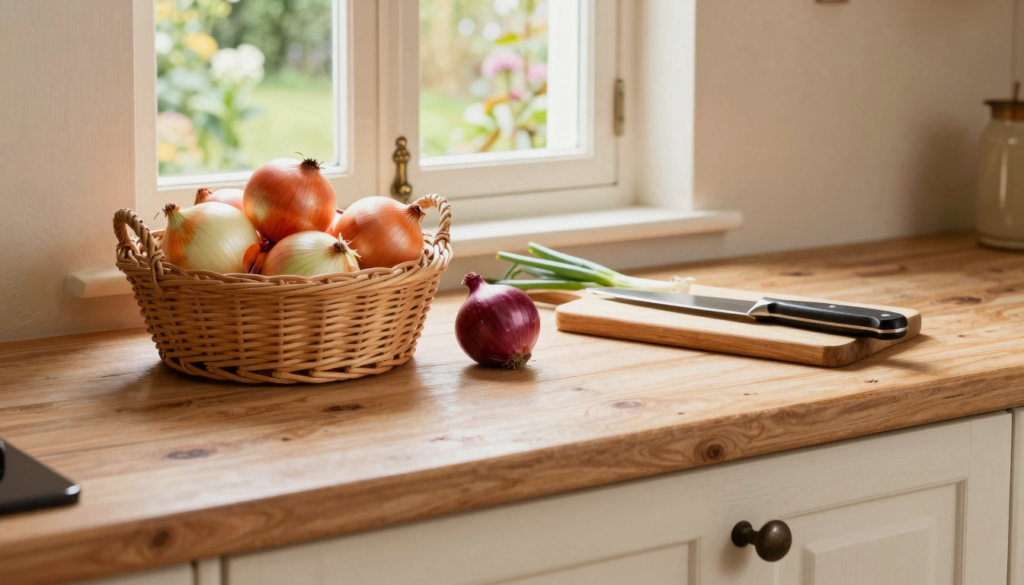 Oignons jaunes dans un panier en osier à côté d'une planche à découper et d'un couteau de cuisine