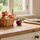 Oignons jaunes dans un panier en osier à côté d'une planche à découper et d'un couteau de cuisine