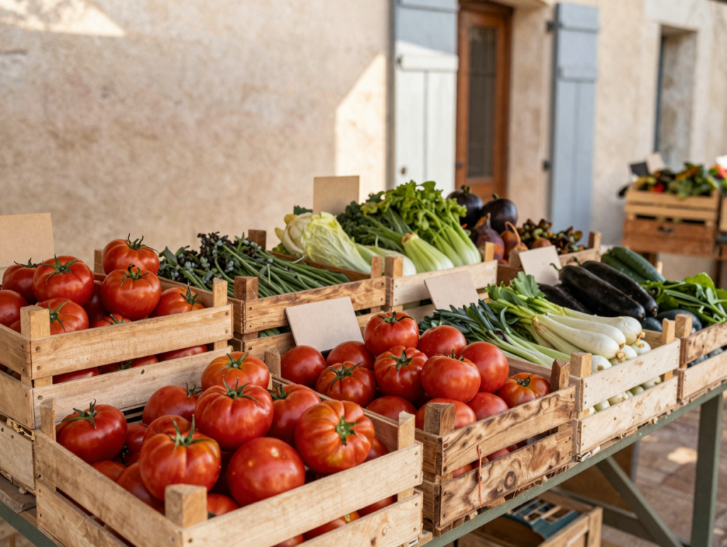 Étal de marché en fin de matinée avec des cageots de légumes mûrs à prix réduits