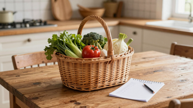 Panier en osier rempli de légumes de saison à côté d'une liste de courses manuscrite