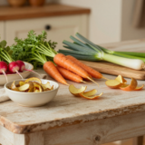 Fanes de radis, verts de poireaux et épluchures de légumes rassemblés dans des bols sur une table de cuisine