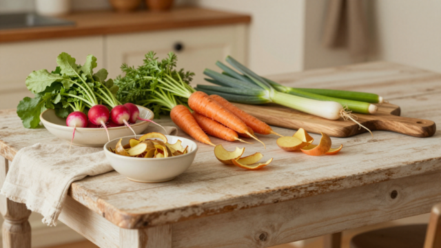 Fanes de radis, verts de poireaux et épluchures de légumes rassemblés dans des bols sur une table de cuisine