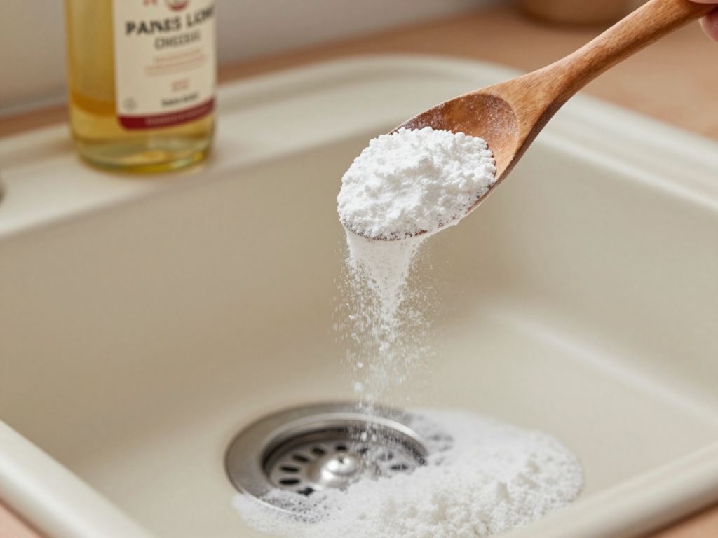 Bicarbonate de soude versé dans la bonde d'un évier avant l'ajout de vinaigre blanc