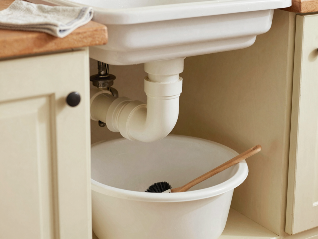 Siphon en PVC sous un évier avec une bassine placée dessous avant démontage