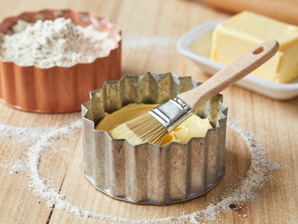 Moule à gâteau cannelé beurré au pinceau, avec bol de farine prêt pour le farinage