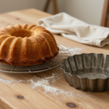 Kouglof doré démoulé entier sur une grille à côté de son moule cannelé, dans une cuisine rustique