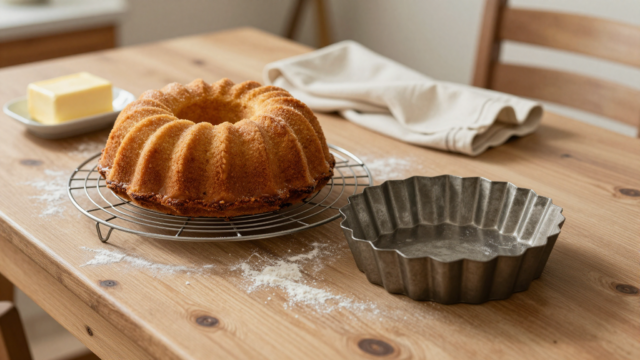 Kouglof doré démoulé entier sur une grille à côté de son moule cannelé, dans une cuisine rustique
