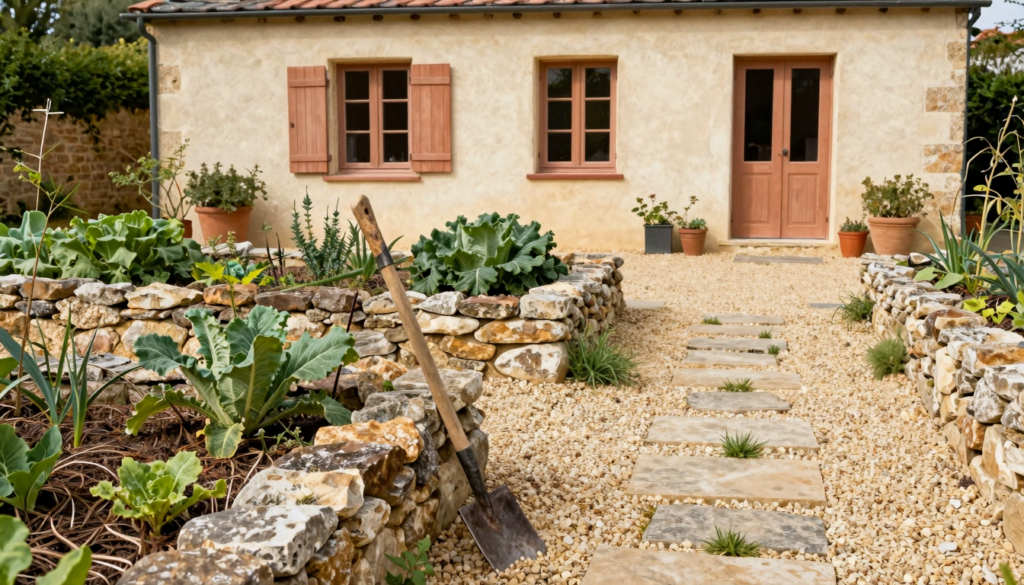 Potager paillé avec une binette appuyée contre un muret de pierre