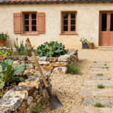 Potager paillé avec une binette appuyée contre un muret de pierre