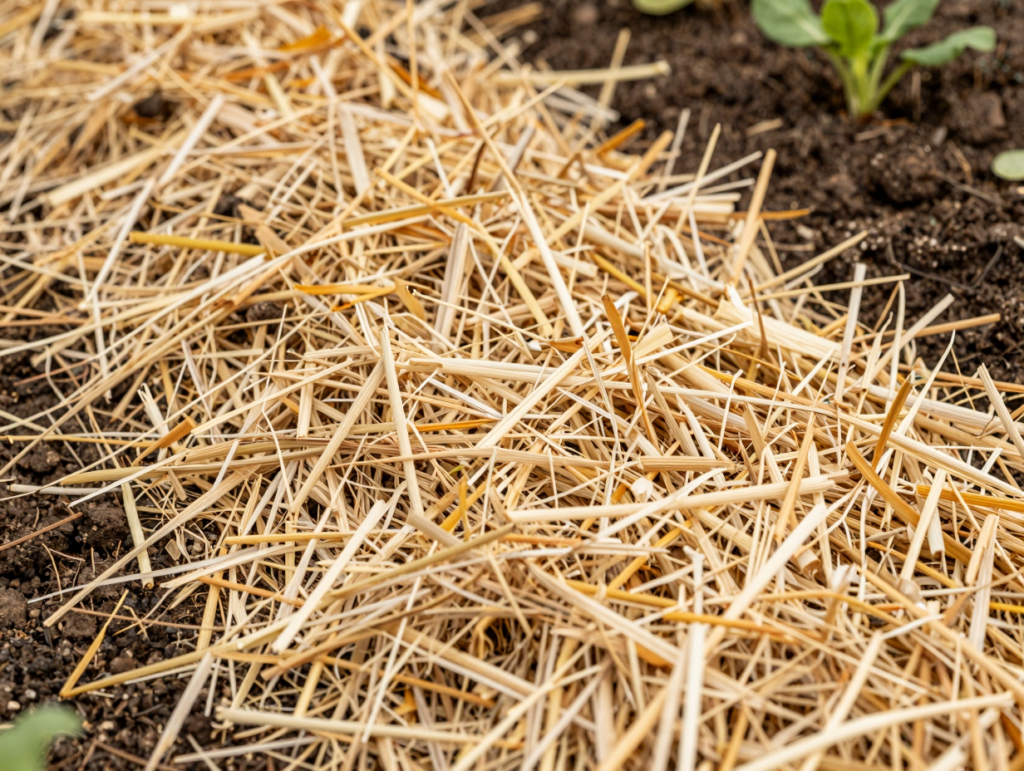 Épais paillage de paille autour de jeunes plants de légumes