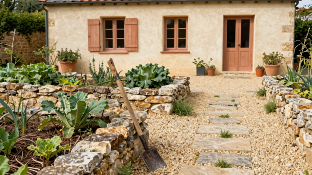Potager paillé avec une binette appuyée contre un muret de pierre