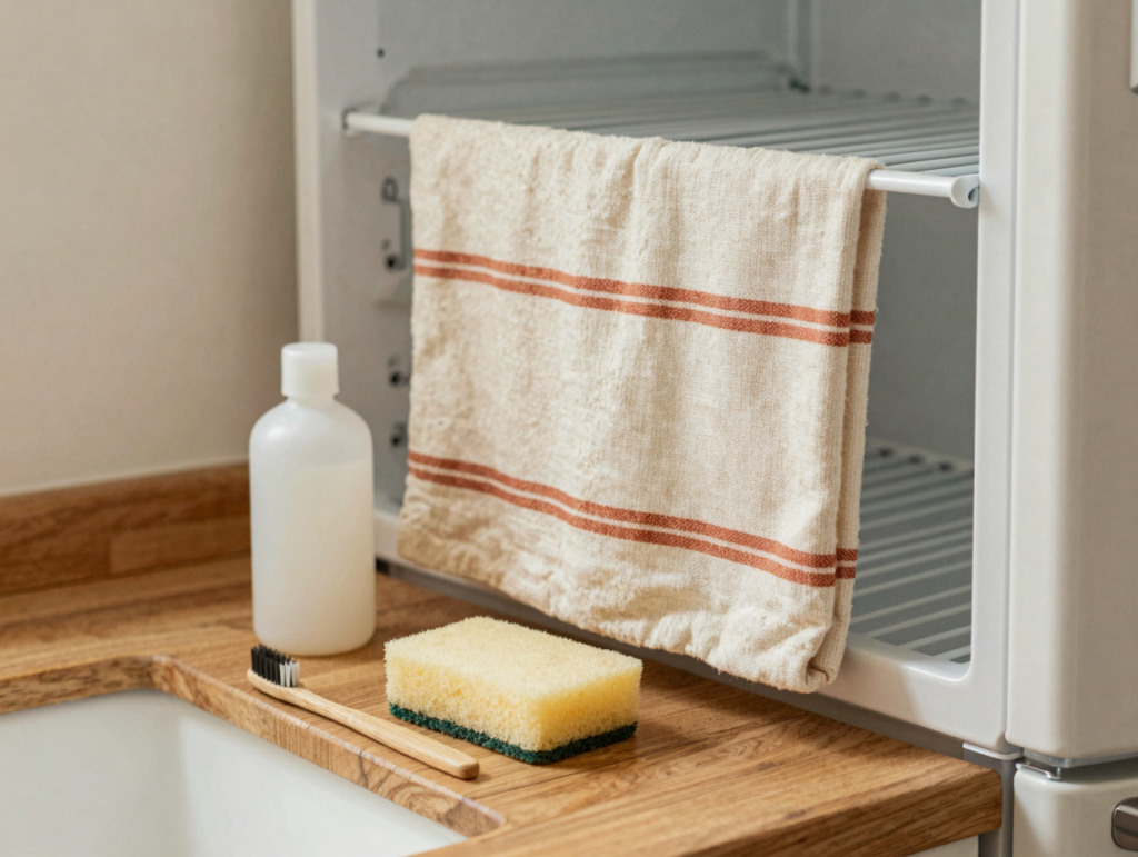 Nettoyage des clayettes du réfrigérateur avec de l'eau tiède et du vinaigre blanc