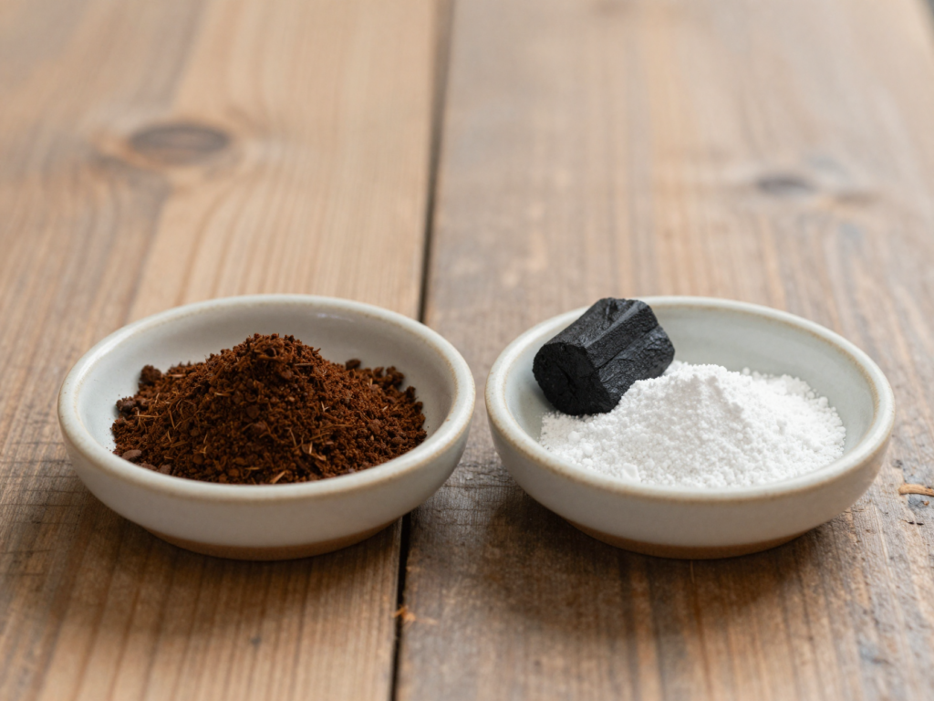 Coupelles de marc de café séché, de charbon et de bicarbonate, trois absorbeurs d'odeurs naturels