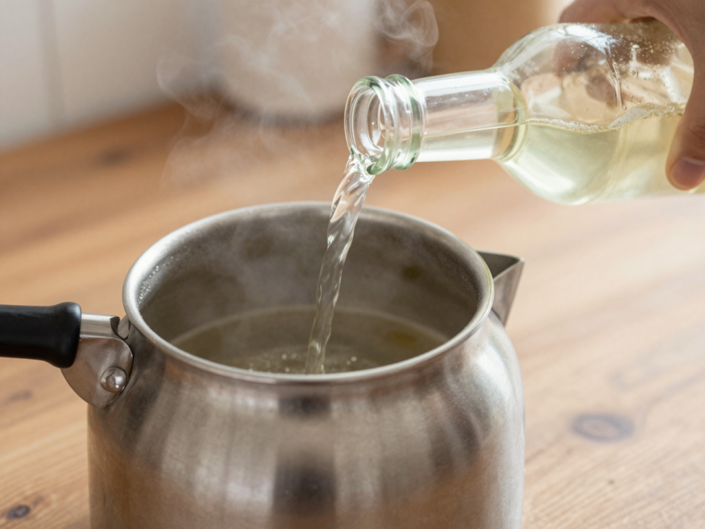 Vinaigre blanc versé dans une bouilloire entartrée pour dissoudre le calcaire