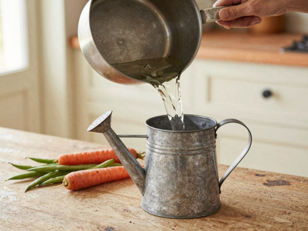 Eau de cuisson de légumes versée d'une casserole émaillée dans un arrosoir en zinc