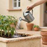 Arrosoir en zinc arrosant de jeunes plants de tomates au pied, dans un potager