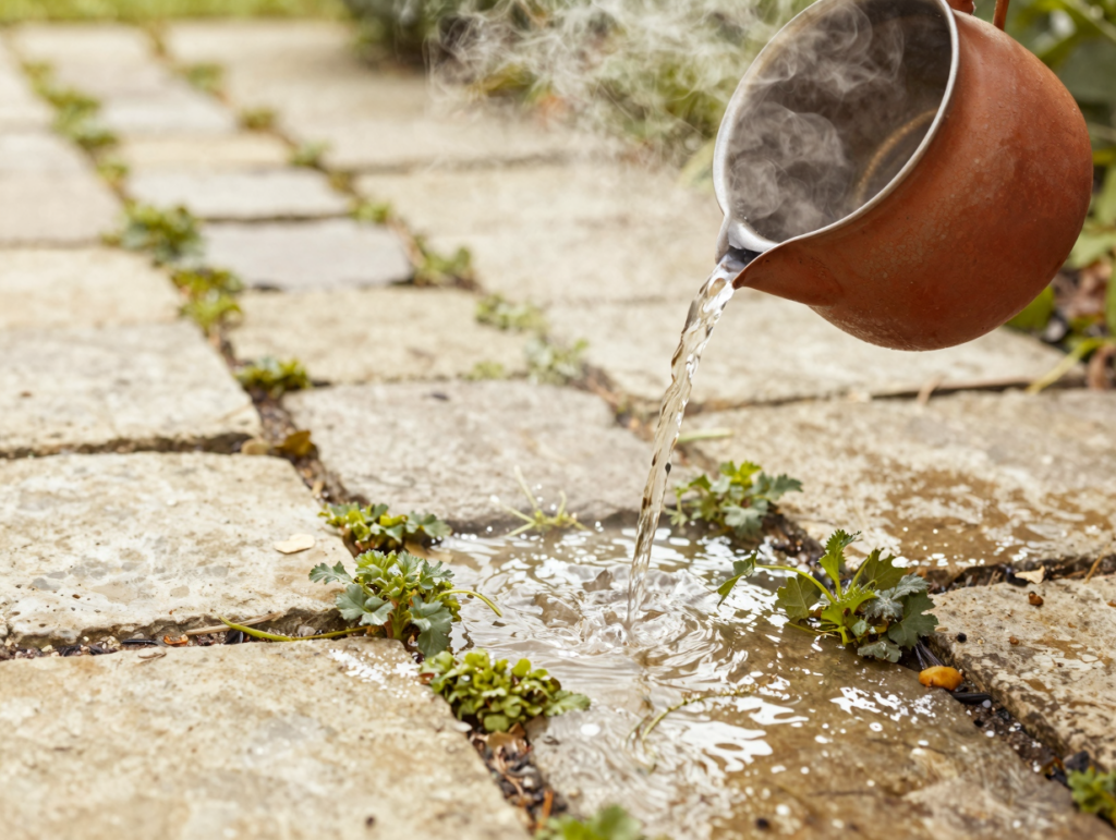 Eau bouillante versée sur des herbes indésirables entre des dalles de pierre