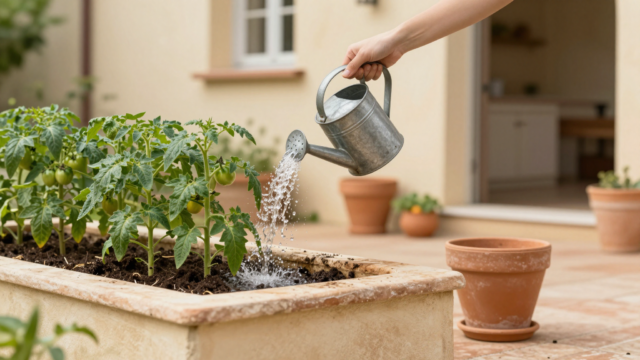Arrosoir en zinc arrosant de jeunes plants de tomates au pied, dans un potager
