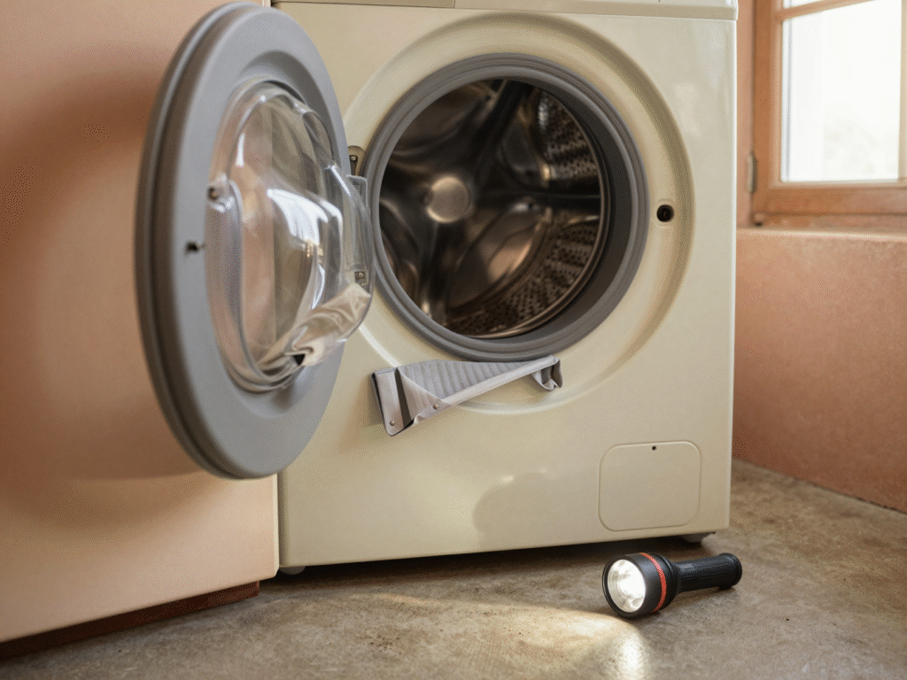 Joint de hublot d'un lave-linge d'occasion replié et inspecté à la lampe de poche