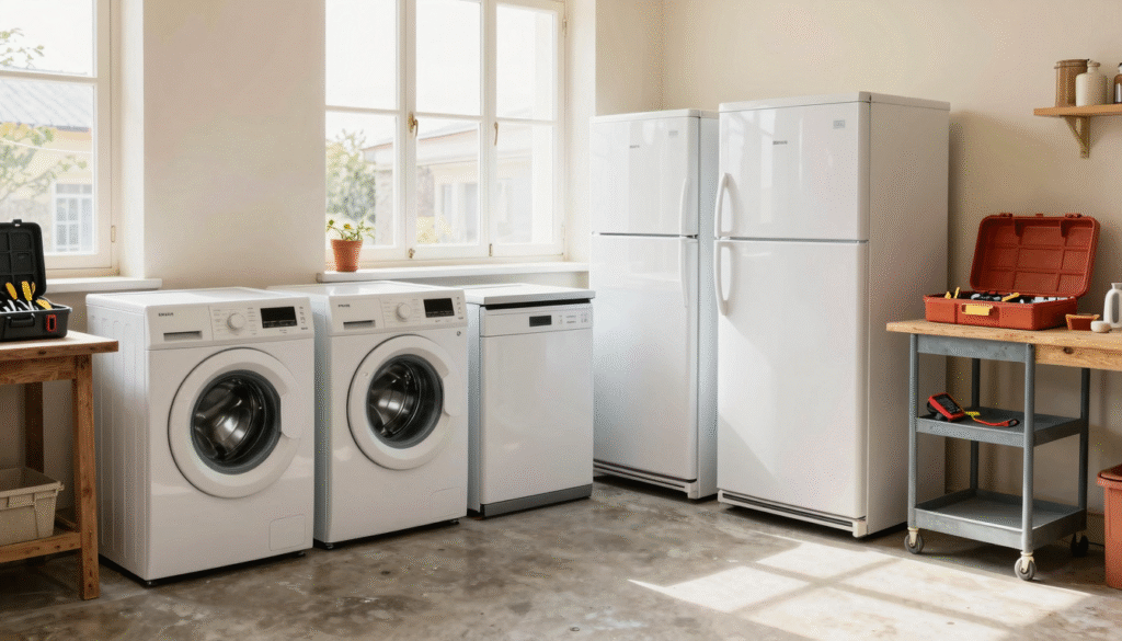 Atelier de reconditionnement avec lave-linge, lave-vaisselle et réfrigérateur d'occasion alignés près d'un établi