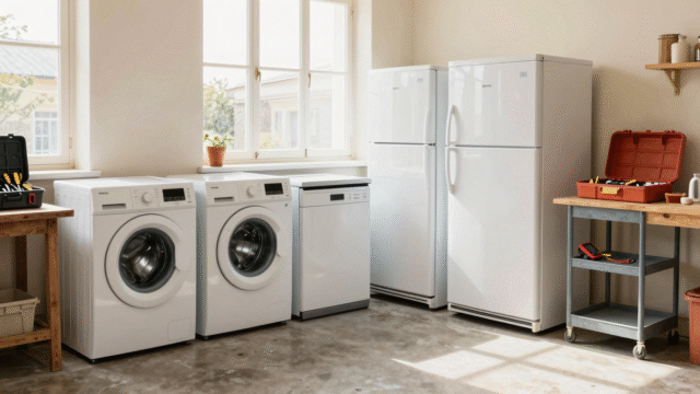 Atelier de reconditionnement avec lave-linge, lave-vaisselle et réfrigérateur d'occasion alignés près d'un établi