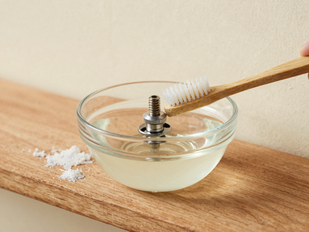 Mousseur de robinet dévissé trempant dans un bol de vinaigre blanc, brosse à dents posée à côté