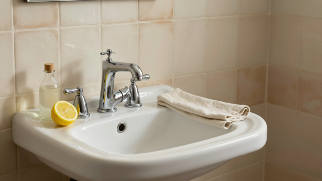 Robinet chromé brillant sur un lavabo en céramique, avec vinaigre blanc et demi-citron posés à côté