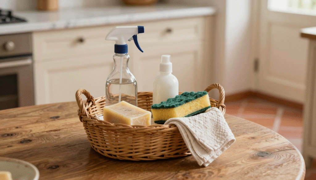 Panier de ménage avec vaporisateur, savon de Marseille, chiffon microfibre, éponge et vinaigre blanc sur une table en bois