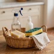 Panier de ménage avec vaporisateur, savon de Marseille, chiffon microfibre, éponge et vinaigre blanc sur une table en bois