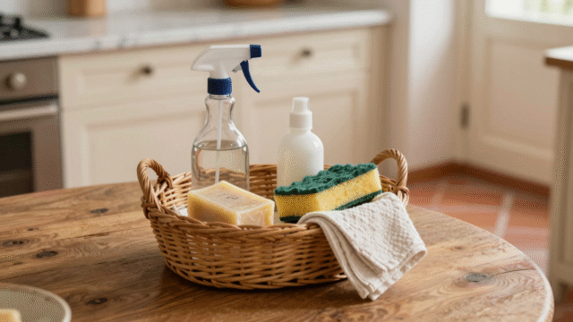 Panier de ménage avec vaporisateur, savon de Marseille, chiffon microfibre, éponge et vinaigre blanc sur une table en bois