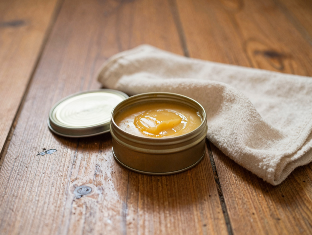 Pot de cire d'abeille ouvert et chiffon de laine sur des lames de parquet en chêne fraîchement lustrées