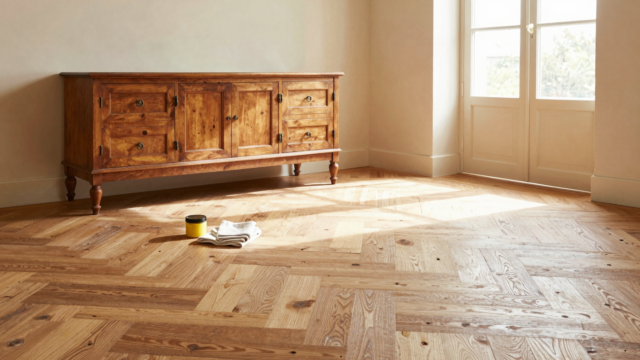 Parquet ancien en chêne couleur miel dans un salon rustique, avec pot de cire d'abeille et chiffons posés au sol