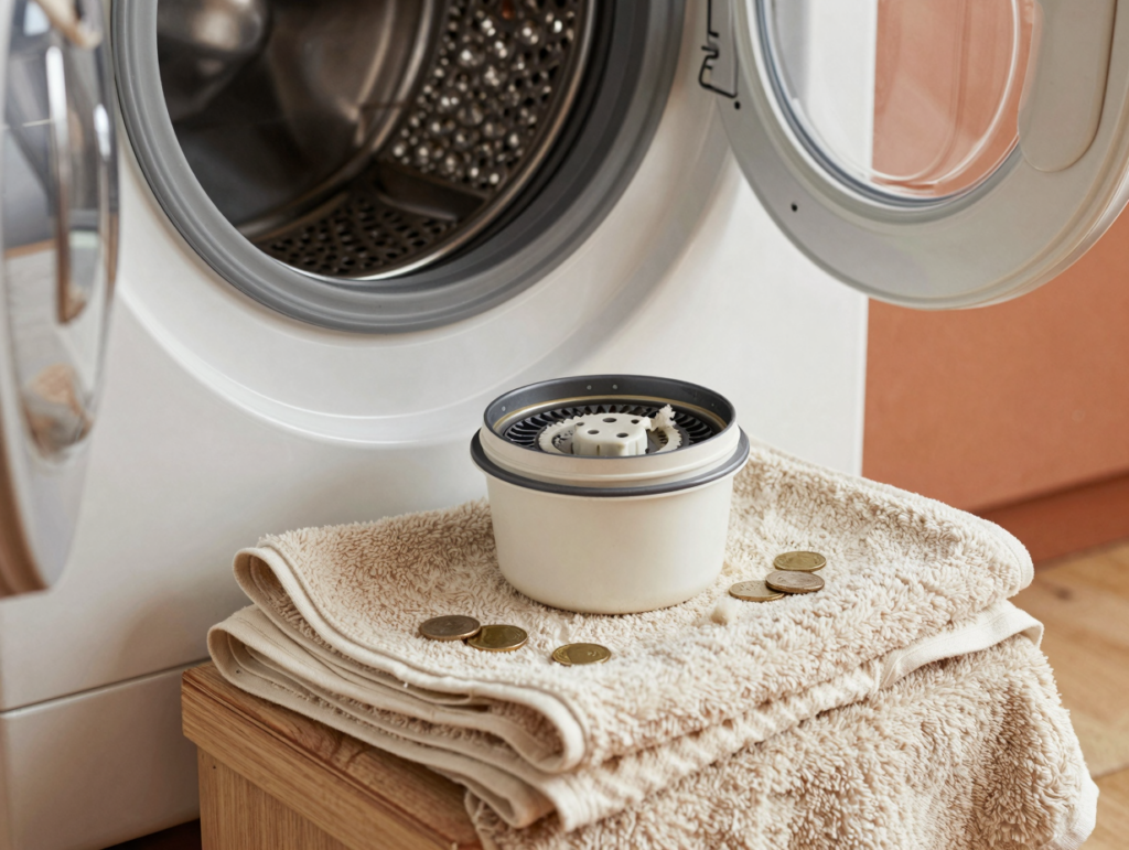 Filtre de vidange de lave-linge posé sur une serviette avec pièces de monnaie et peluches récupérées