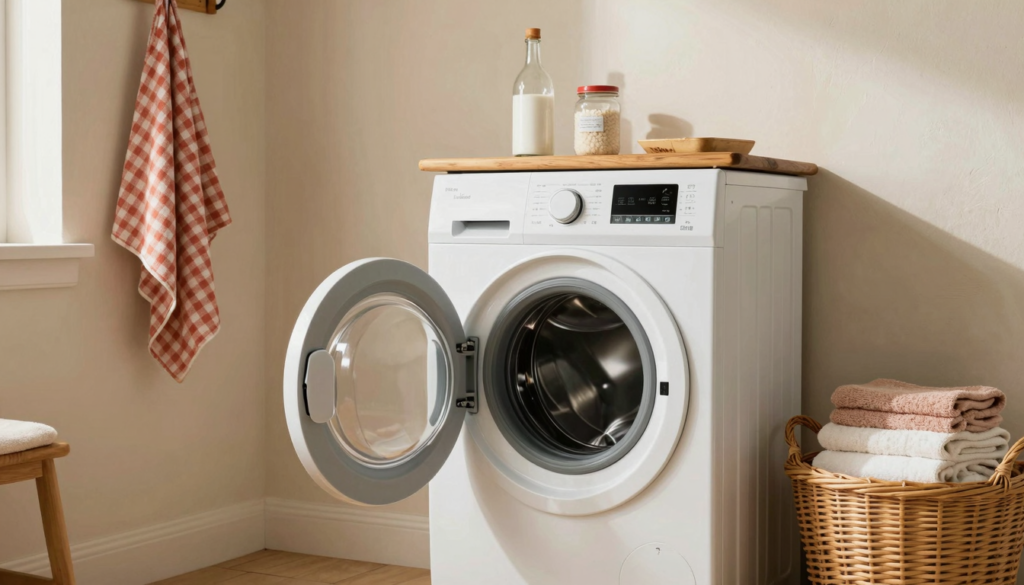Buanderie avec lave-linge hublot entrouvert, vinaigre blanc et bicarbonate sur une étagère en bois