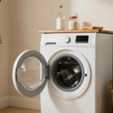 Buanderie avec lave-linge hublot entrouvert, vinaigre blanc et bicarbonate sur une étagère en bois