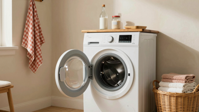 Buanderie avec lave-linge hublot entrouvert, vinaigre blanc et bicarbonate sur une étagère en bois