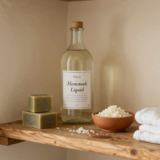 Bouteille de lessive maison, cubes de savon de Marseille et copeaux râpés sur une étagère en bois