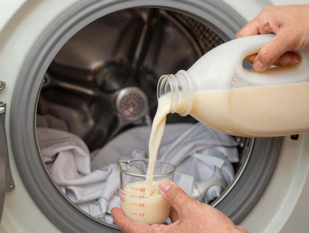 Lessive maison liquide versée dans un verre doseur devant une machine à laver