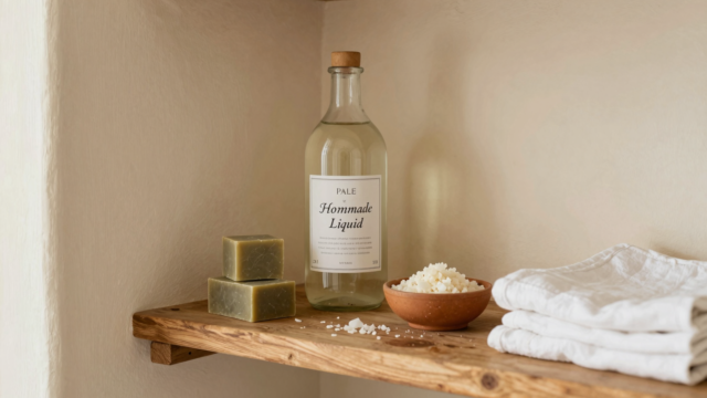 Bouteille de lessive maison, cubes de savon de Marseille et copeaux râpés sur une étagère en bois