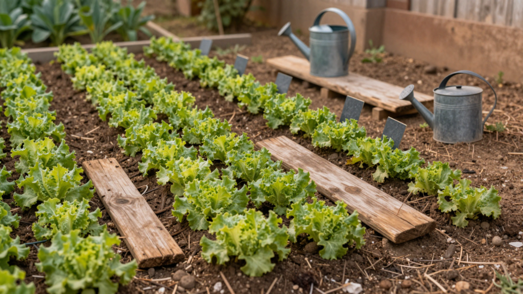 Jeunes salades au potager entourées d'un cordon de cendre, avec une planche piège posée entre les rangs