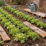 Jeunes salades au potager entourées d'un cordon de cendre, avec une planche piège posée entre les rangs