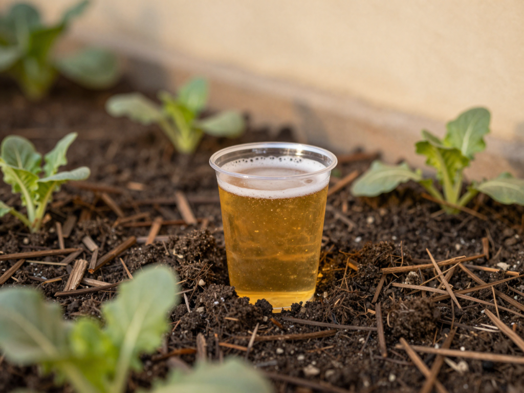 Piège à bière enterré au potager, rebord dépassant du sol pour épargner les carabes