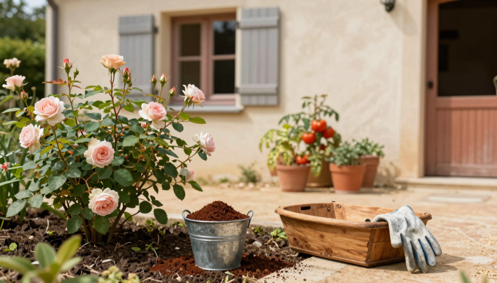 Seau de marc de café posé au pied de rosiers et de plants de tomates dans un jardin