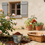 Seau de marc de café posé au pied de rosiers et de plants de tomates dans un jardin