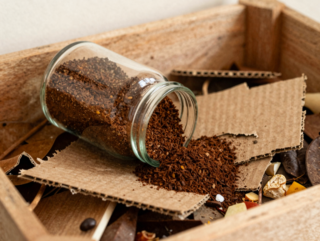 Marc de café versé sur un tas de compost avec feuilles mortes et carton