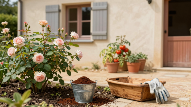 Seau de marc de café posé au pied de rosiers et de plants de tomates dans un jardin