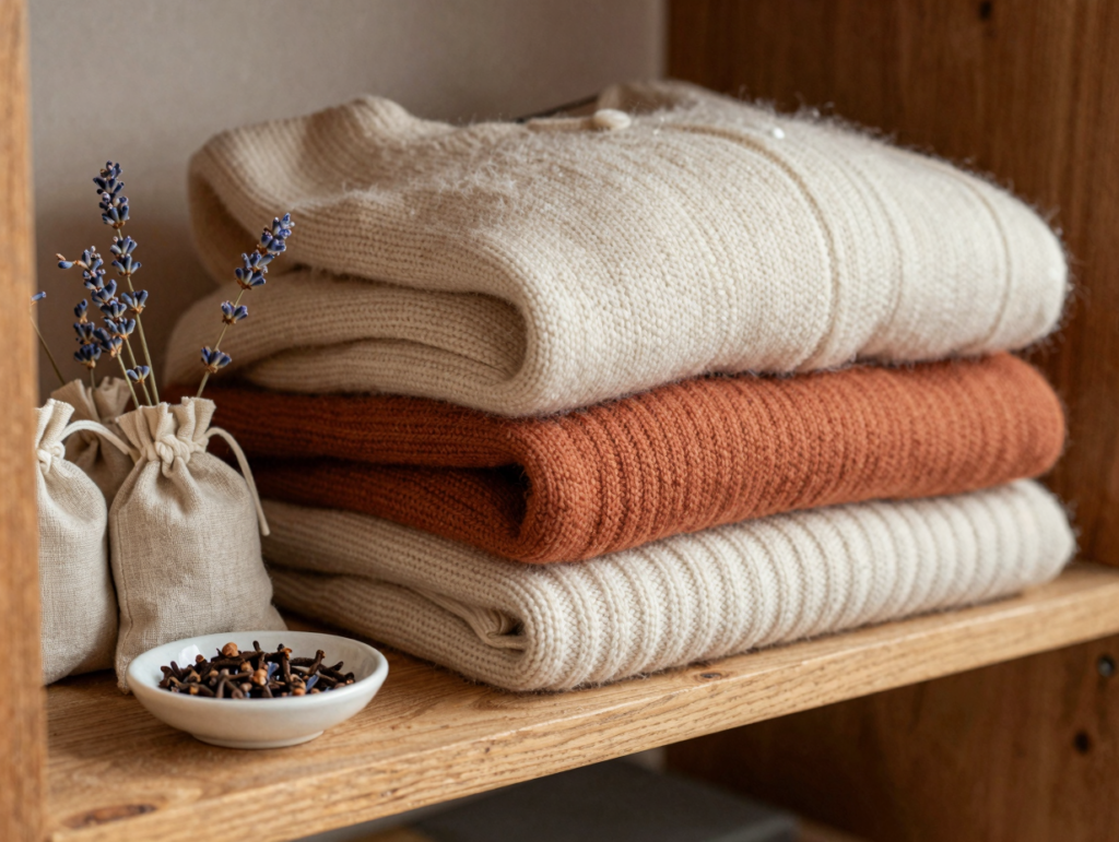 Pulls en laine pliés avec sachets de lavande et coupelle de clous de girofle