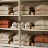Armoire ancienne ouverte avec pulls en laine pliés, sachets de lavande et blocs de cèdre