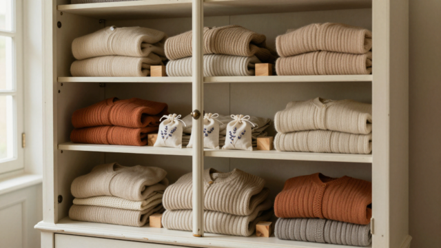 Armoire ancienne ouverte avec pulls en laine pliés, sachets de lavande et blocs de cèdre