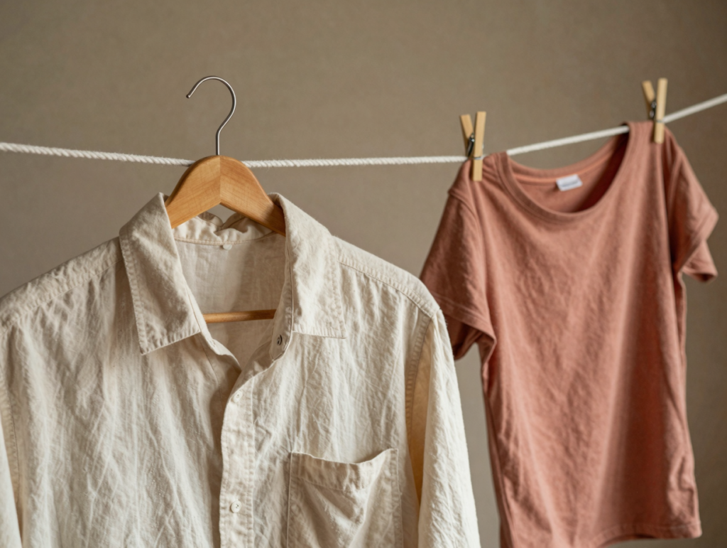 Chemise sur cintre au fil à linge, col lissé, et t-shirt suspendu tête en bas par l'ourlet avec des pinces en bois